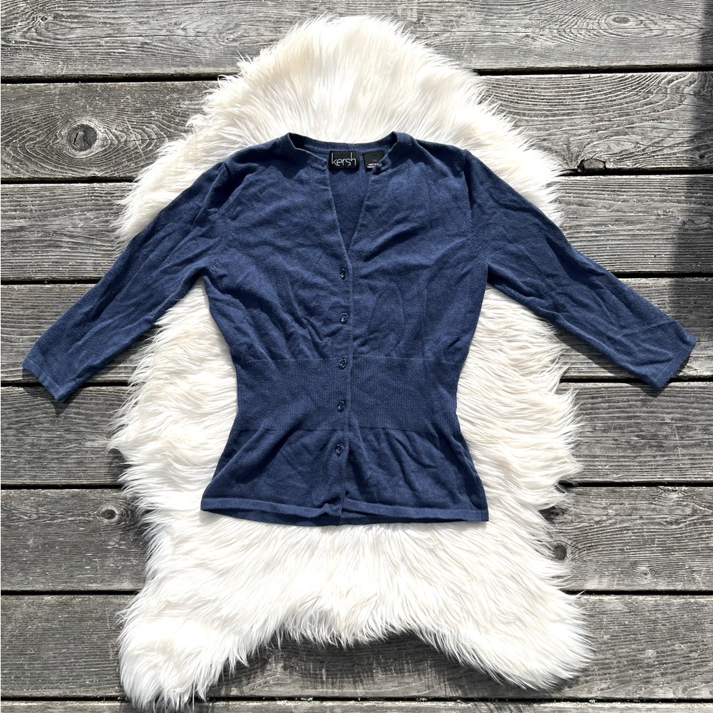 Kersh Navy Blue Button Up Cropped Cardigan Sweater Top